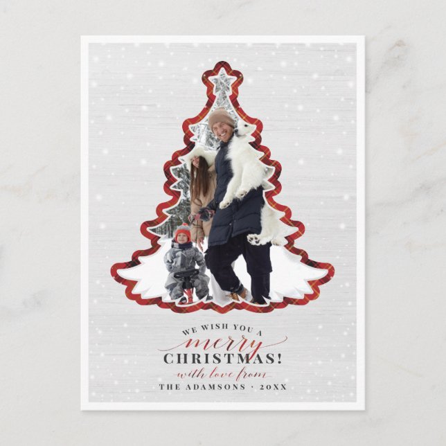 Red Plaid & White Wood Christmas Tree Frame Photo Holiday Postcard (Front)