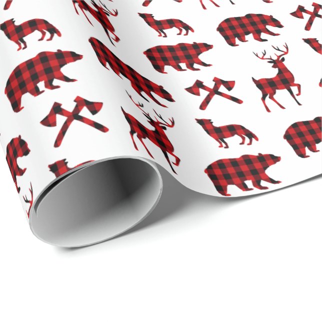 Red Plaid Wildlife Pattern | Holiday Wrapping Paper (Roll Corner)