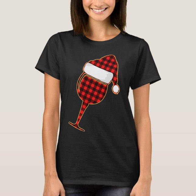 Red plaid Wine cup and Christmas Santa Hat T-Shirt (Front)