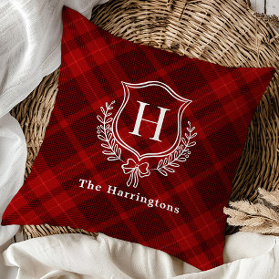 Red Plaid Winter Monogram Crest Initial Cushion