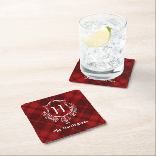 Red Plaid Winter Monogram Crest Initial Square Paper Coaster