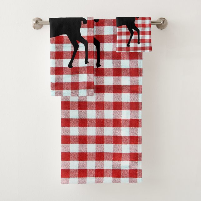 Red plaid with black deer bath towel set (Insitu)