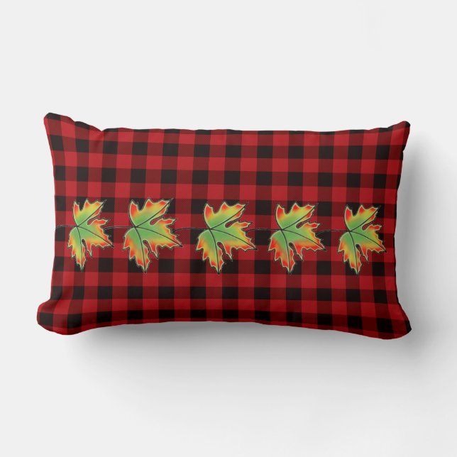 Red Plaid with Fall Maple Leaves Lumbar Cushion (Front)