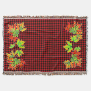 Red Plaid with Fall Maple Leaves Throw Blanket