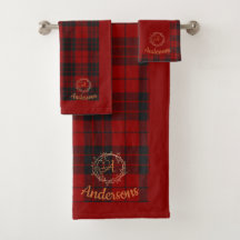 Red Plaid With Family Name Monogram Christmas