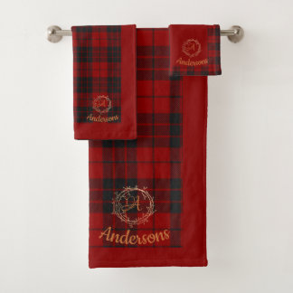 Red Plaid With Family Name Monogram Christmas Bath Towel Set