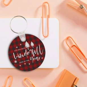 Red Plaid Wonderful Time Of Year Christmas Gift Key Ring
