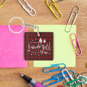 Red Plaid Wonderful Time Of Year Christmas Gift Key Ring