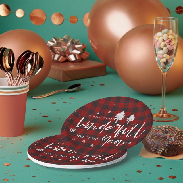 Red Plaid Wonderful Time Of Year Christmas Party Paper Plate (Multi)