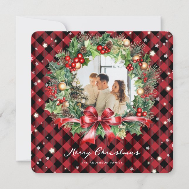 Red Plaid Wreath Stars Photo Merry Christmas Card (Front)