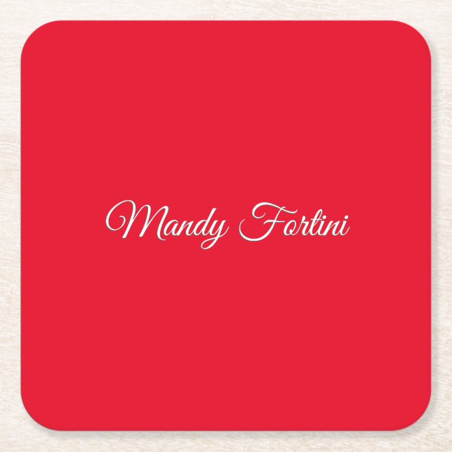 Red Plain Elegant Minimalist Calligraphy Square Paper Coaster (Front)