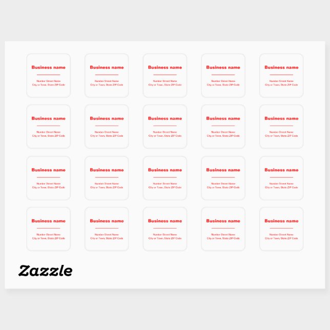 Red Plain Texts Business Address on White Square Sticker (Sheet)