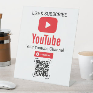 Red Play Button YouTube Subscribe QR Code White Pedestal Sign