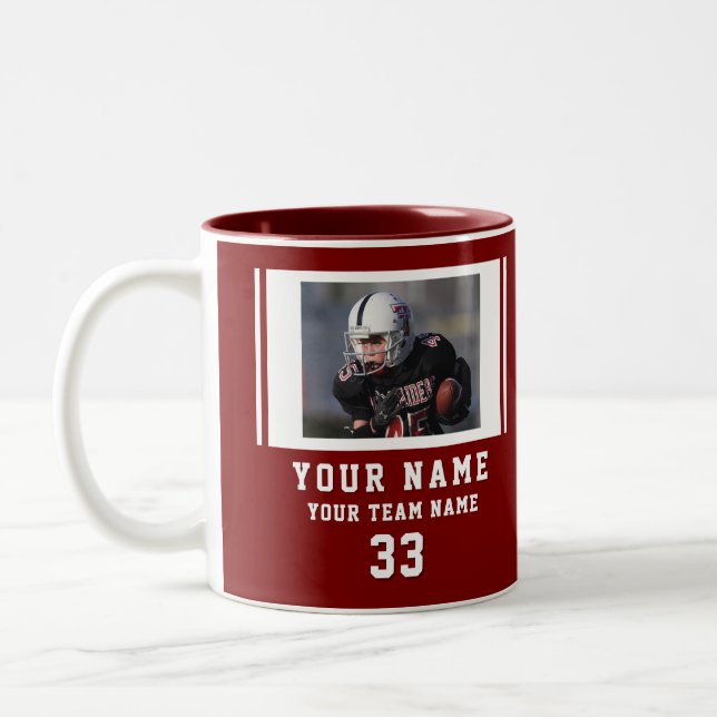 Red Player Name Number Team Photo Two-Tone Coffee Mug (Left)