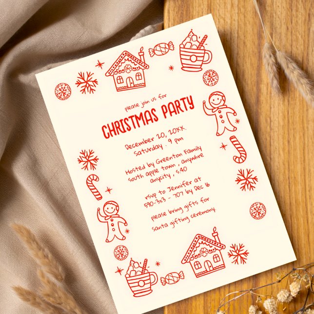 Red Playful Hand Drawn Doodle Whimsical Christmas  Invitation (Creator Uploaded)