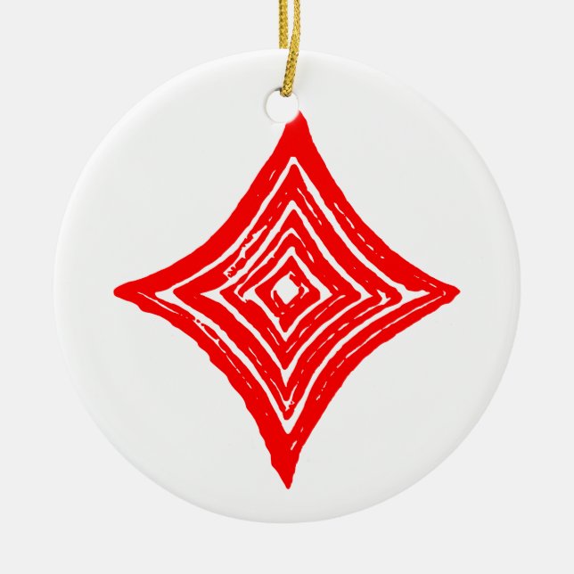 Red Playing Card Symbol Diamond Shape Linocut Ceramic Tree Decoration (Front)