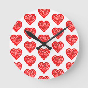 Red Playing Card Symbol Heart Shape Lino Cut Round Clock