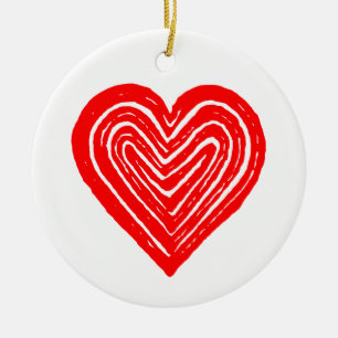 Red Playing Card Symbol Heart Shape Linocut Ceramic Tree Decoration