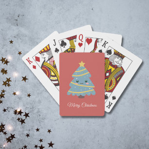 Red Playing Cards with Kawaii Christmas Tree