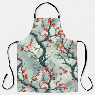 Red Plum Blossom Sage Green Ink Wash Pattern Apron
