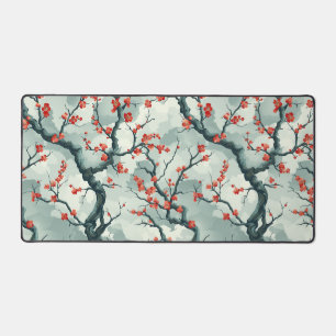 Red Plum Blossom Sage Green Ink Wash Pattern Desk Mat