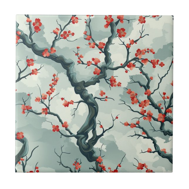 Red Plum Blossom Sage Green Ink Wash Pattern Tile (Front)