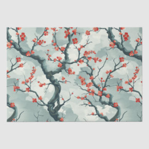 Red Plum Blossom Sage Green Ink Wash Pattern Tissue Paper