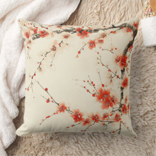 Red Plum Blossom Watercolor - Oriental Floral Art Cushion
