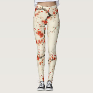 Red Plum Blossom Watercolor - Oriental Floral Art Leggings