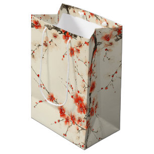 Red Plum Blossom Watercolor - Oriental Floral Art Medium Gift Bag