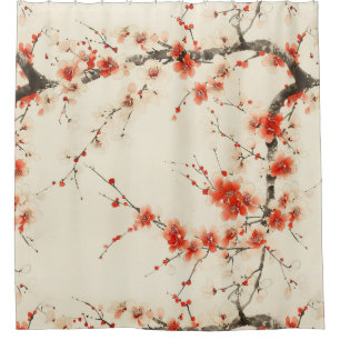 Red Plum Blossom Watercolor - Oriental Floral Art Shower Curtain