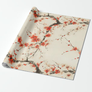Red Plum Blossom Watercolor - Oriental Floral Art Wrapping Paper