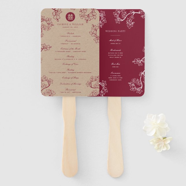 Red Plum Blossoms Double Happiness Wedding Program Hand Fan (Front and Back)