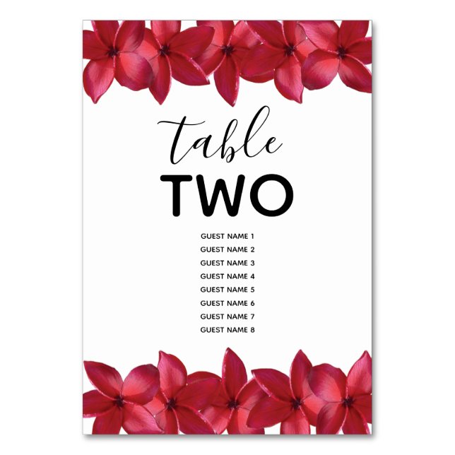 Red Plumeria Frangipani Wedding Guest Names Table Number (Front)