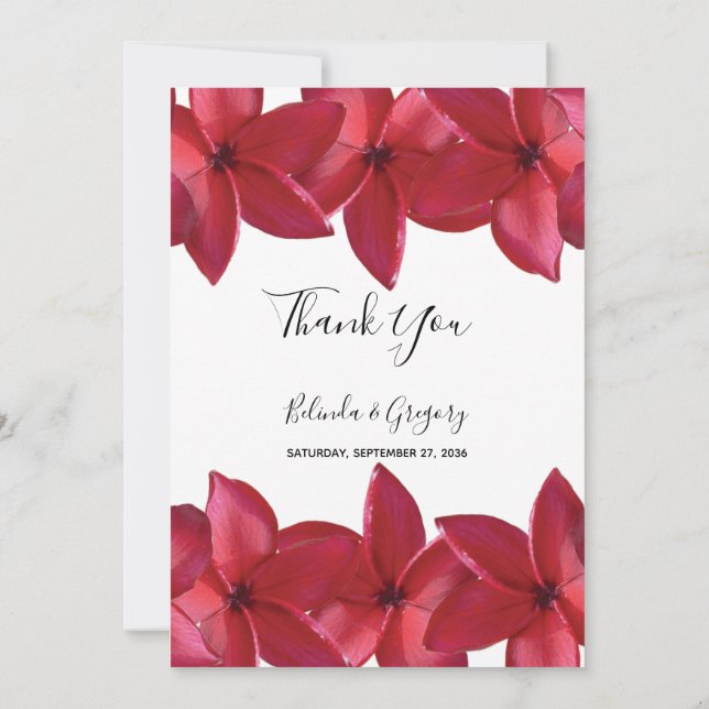 Red Plumeria Frangipani Wedding Thank You Card (Back)