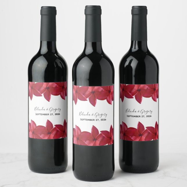 Red Plumeria Frangipani Wedding Wine Label (Bottles)