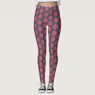 Red Poinsetta Pattern Floral Christmas Black Leggings
