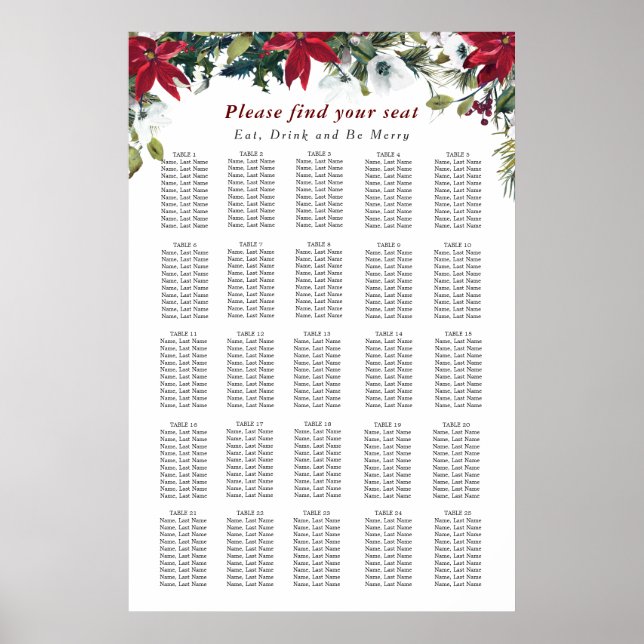 Red Poinsettia 25 Tables Christmas SEATING CHART (Front)