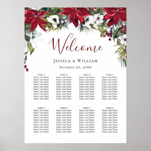 Red Poinsettia  8 Tables Wedding SEATING CHART (Front)