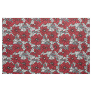 Red poinsettia and berries, Christmas design Fabric