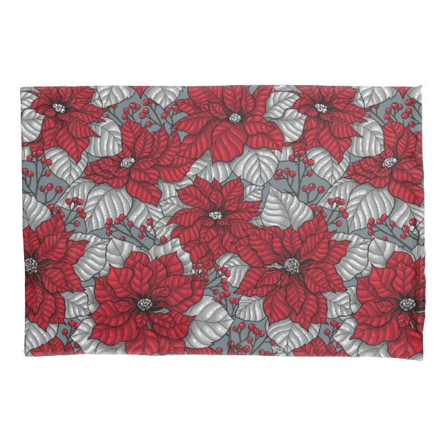 Red poinsettia and berries, Christmas design Pillowcase (Front-Left)