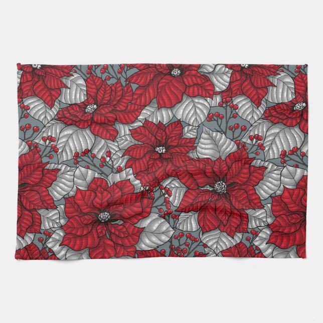 Red poinsettia and berries, Christmas design Tea Towel (Horizontal)
