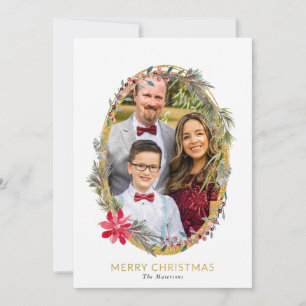 Red Poinsettia and Berries Golden Frame Photo Holiday Card