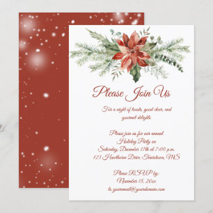 Red Poinsettia and Evergreens Christmas Party Invitation