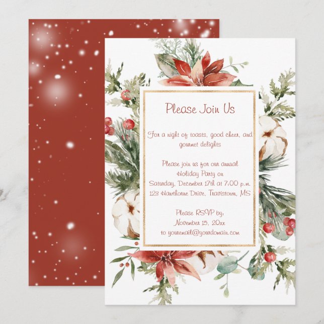 Red Poinsettia and Evergreens Christmas Party Invitation (Front/Back)