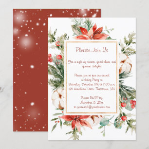 Red Poinsettia and Evergreens Christmas Party Invitation