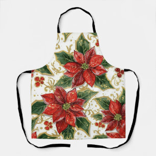 Red Poinsettia And Holly Christmas Holiday Winter Apron