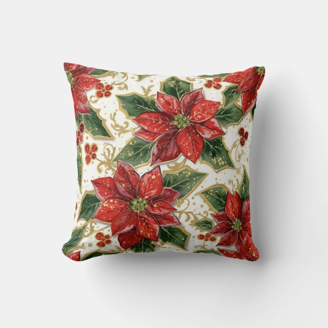 Red Poinsettia And Holly Christmas Holiday Winter Cushion (Front)