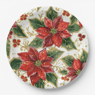 Red Poinsettia And Holly Christmas Holiday Winter Paper Plate