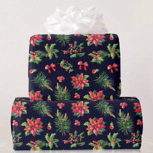 Red Poinsettia and Holly Pretty Roll of Wrapping Paper